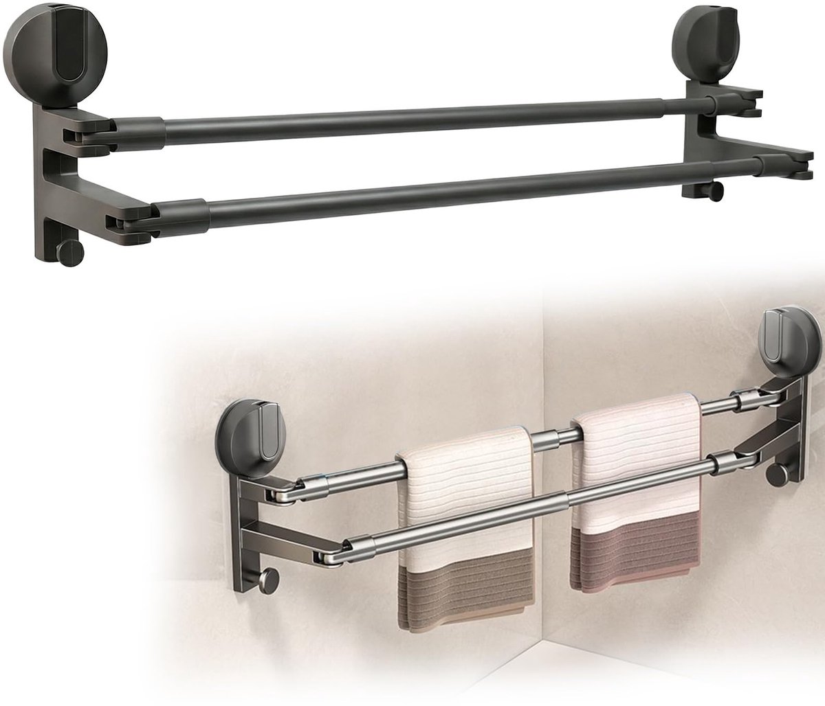 Handdoekhouder met zuignap, zonder boren, uittrekbare handdoekstang, dubbele 49-84 cm, verstelbare lengte, 180 graden draaibare zuignap, badhanddoekhouder, theedoek, muur voor hoeken, badkamer