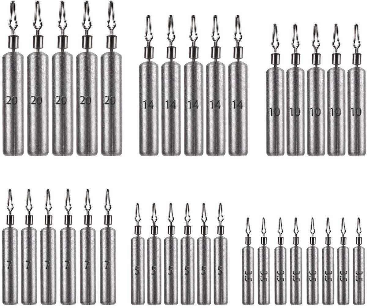 hengelaccessoires, set, gewichten, loodzinker, 35 stuks, hengelzinker, specificatie 3,5 tot 20 g, voor drop-shot staaflood, rollende wervels, vissen klikt