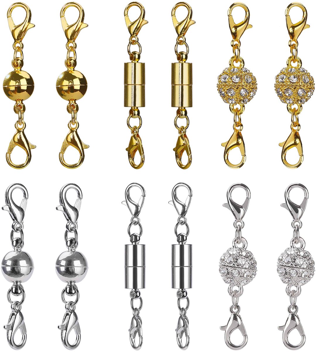 sieradensluitingen, magnetische kreeftsluitingen voor ketting, armband, sieraden maken, strass balstijl, cilindrische en baltoon (goud en zilver), 12 stuks