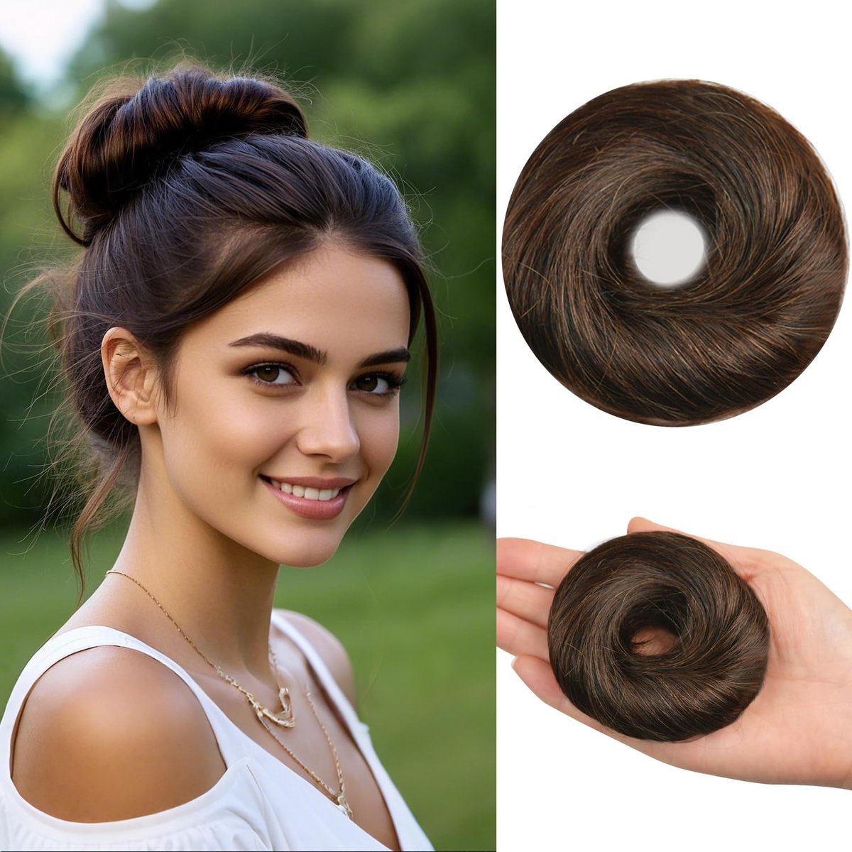 100% Echt Menselijk Haar Rommelige Knot Haarstuk, Naturel Gevlochten Scrunchie Knot Extensies met Elastiek voor Vrouwen (#2 Donkerbruin)