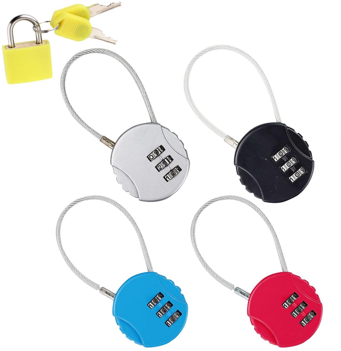 Set van 4 3-cijferige code-hangsloten, met 1 geel hangslot, koffer, vliegtuig, klein hangslot, kabelslot, codekluisje, voor reizen, bagage, koffer, kluisje (4 kleuren)