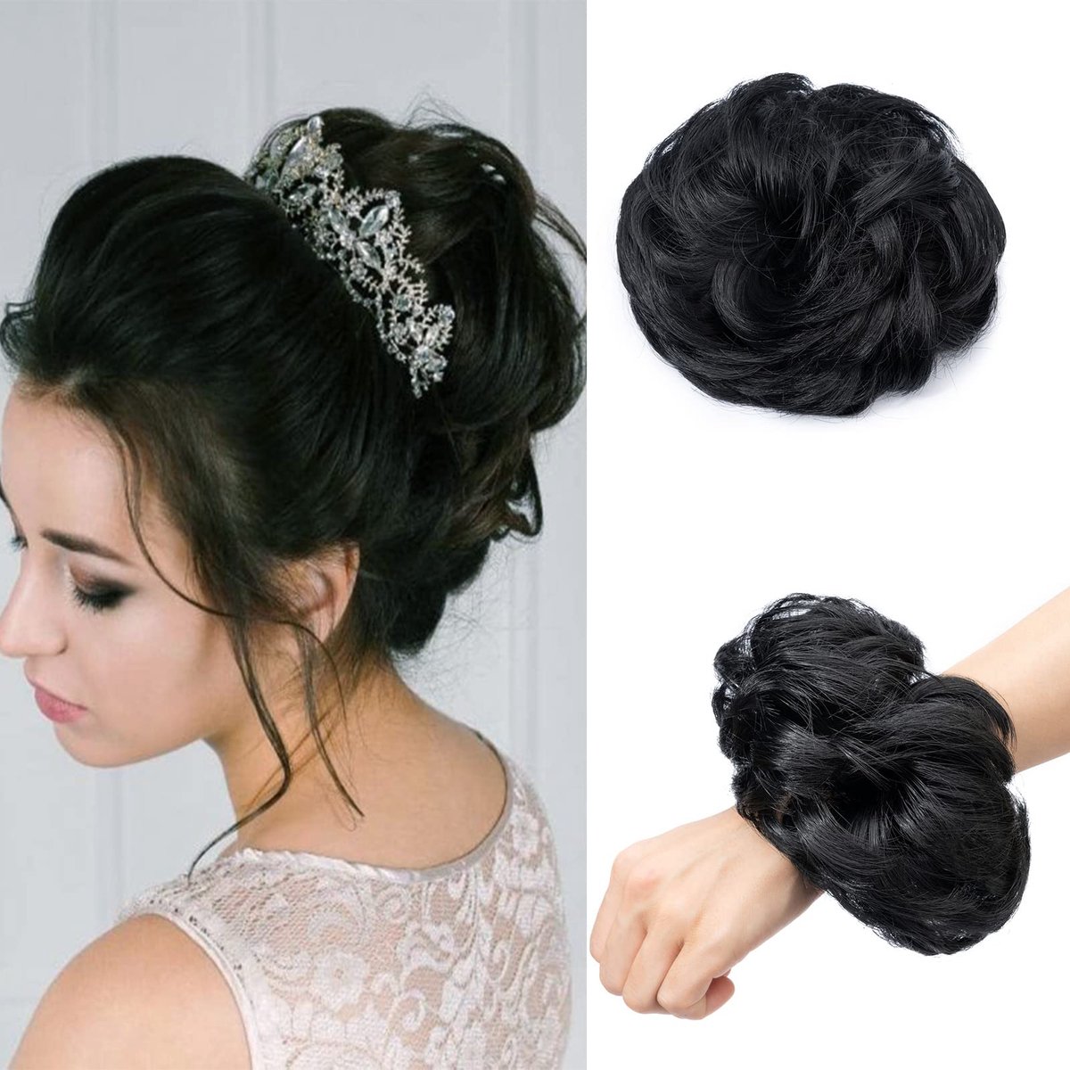 Haar Broodje Opgestoken Messy Bun Donut Chignons Extension Paardenstaart Wave Krullend 30g - Natuurlijk Zwart