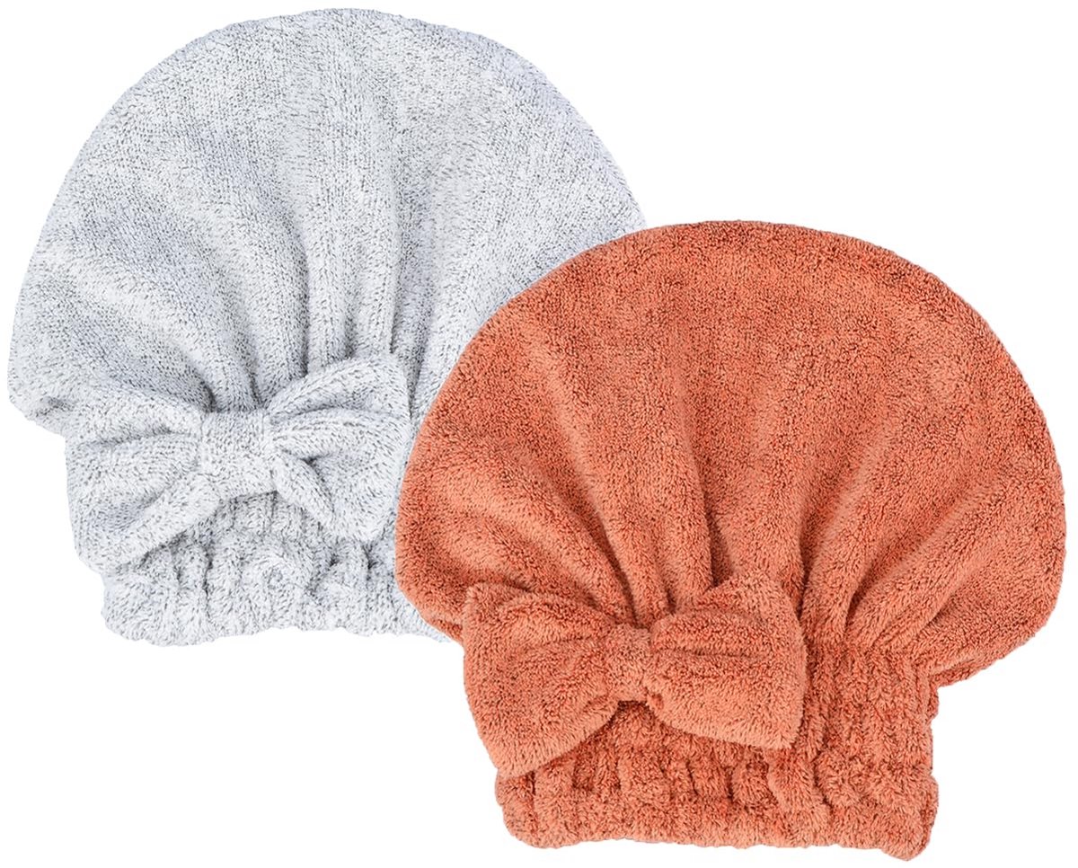 Microvezel handdoek, haar, super absorberend, 2 stuks, hoofdhanddoek, haartulband, haarhanddoek, sneldrogend, tulband, geschenken voor dames en meisjes (zalmrood + grijs puntgaren)