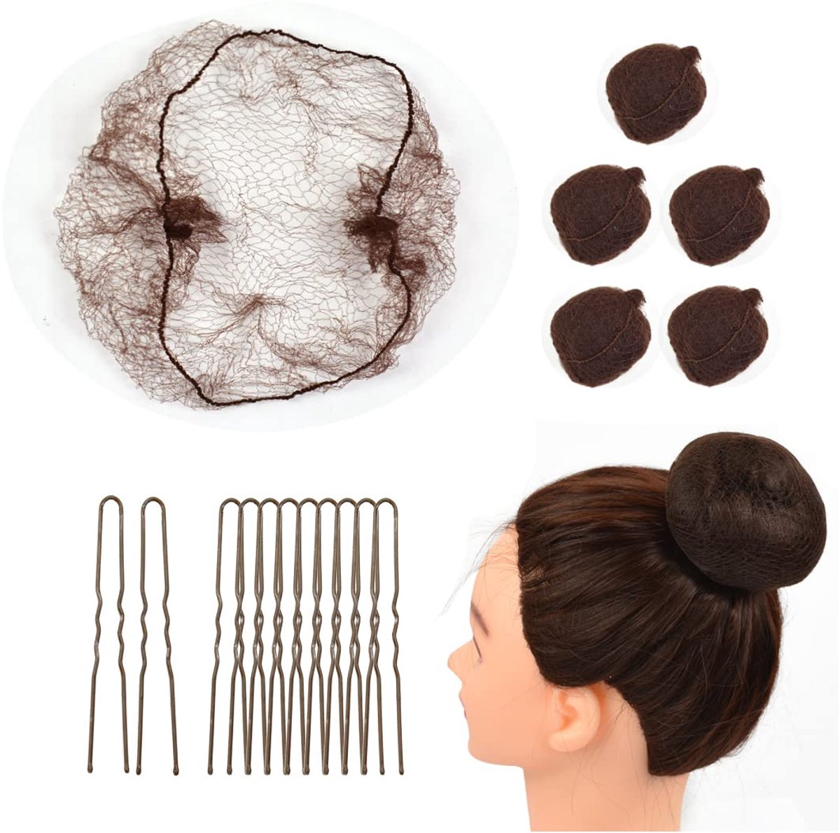 50 stuks onzichtbare haarnetten met 40 stuks u-vormige haarspelden voor verpleegsters, dansers, stewardess (Donkerbruin)