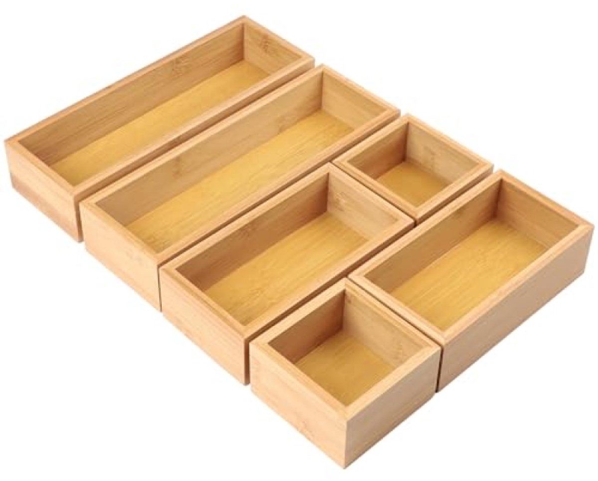 Huis Geluk 6-delige set lade-organizer van bamboe, opbergboxen stapelbaar voor keuken, badkamer, make-up en kantoor - naturel