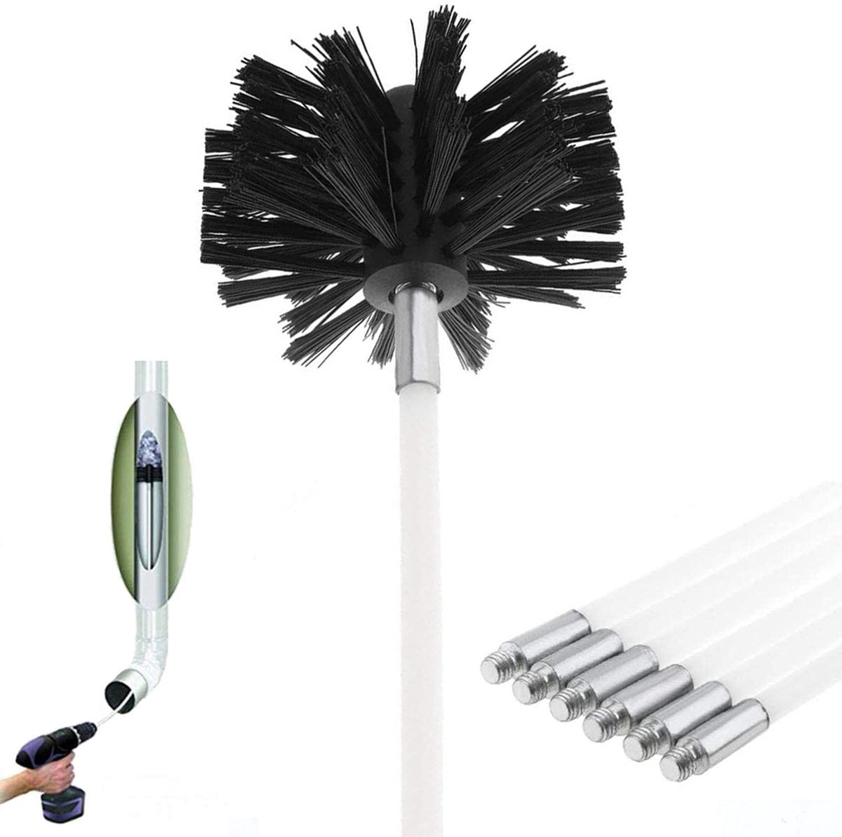 Vent Cleaner Kit, Droger Vent Borstel Haard Schoorsteen Borstels Koppen met 6 Flexibele Nylon Staven Cleaning Brush For Schoorsteen/Droger vent/Rioolpijp