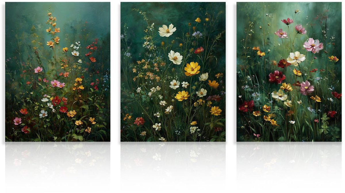 3-delig Stemmig Donkergroene Bloemen Wandkunst, Dark Academy Wildflower Afbeeldingen voor Woonkamer Slaapkamer Decor 30x40 cm Niet Ingelijst