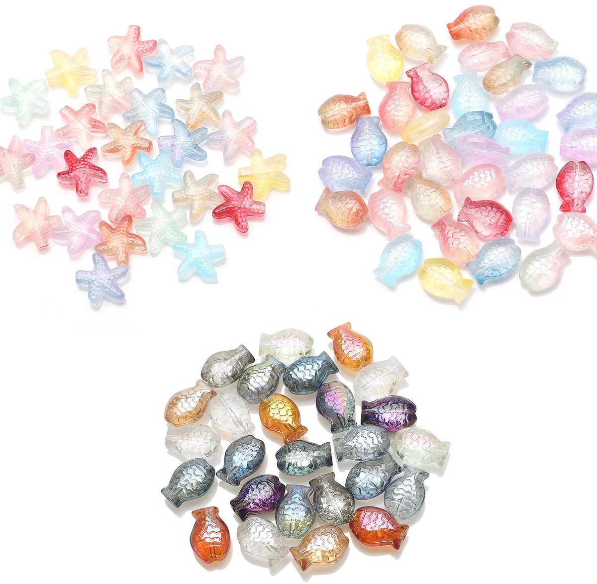 90 stuks losse glazen kralen, vis- en stervormige glazen kralen om te rijgen, 14 mm glazen kralen, glitterkralen voor het maken van armbanden, doe-het-zelf sieraden maken