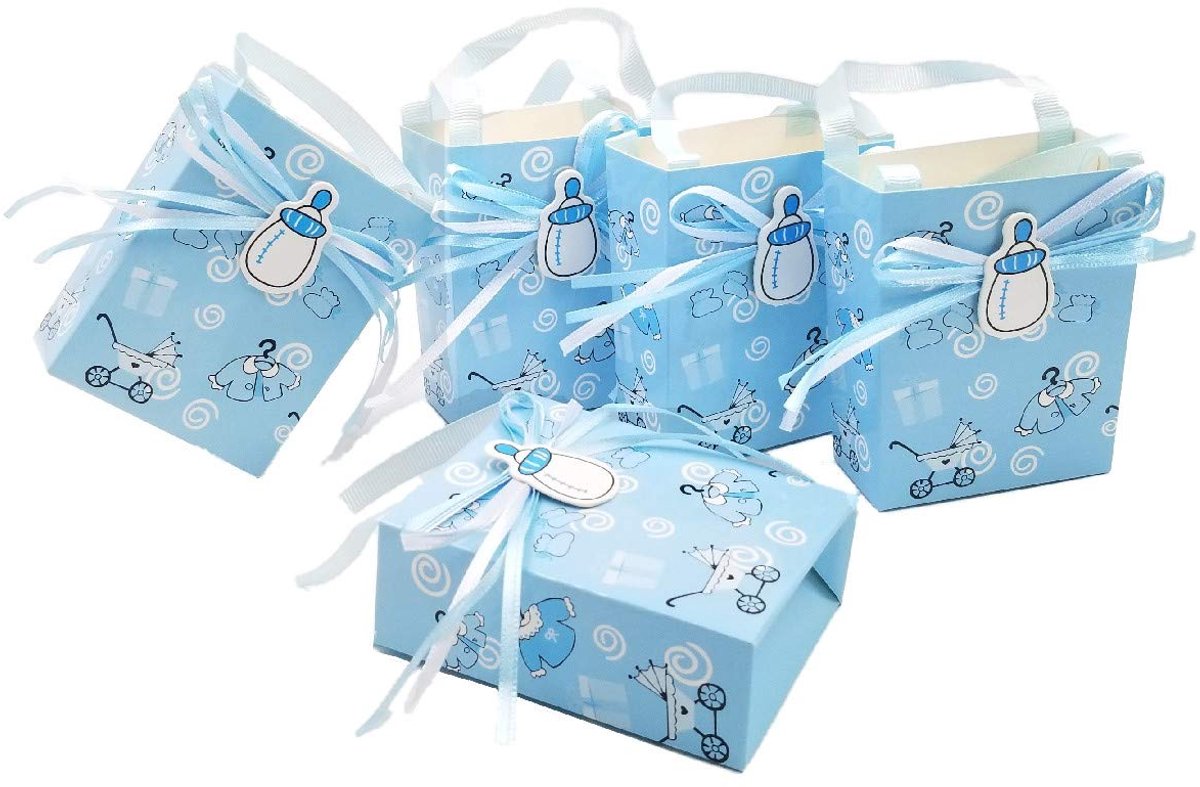24 x blauwe gastgeschenkdoosjes met babyfles-patroon voor baby-jongens, verjaardag, doop, pasgeborenen, babyshower, kinderfeest