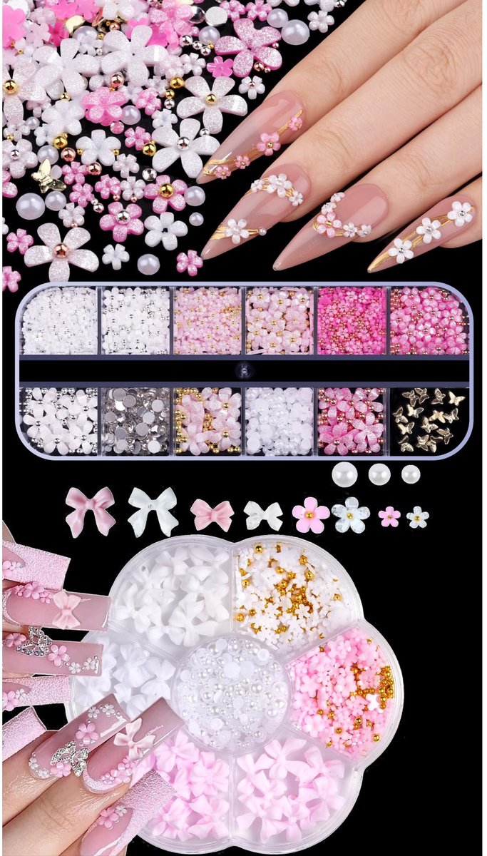 3D Nail Art Ornamenten Set, 2 Dozen Nail Art Decoratie (strik, bloem, halve parel), roze glitter bloem en nagelversieringen met strik, nail art accessoires voor het ontwerpen van