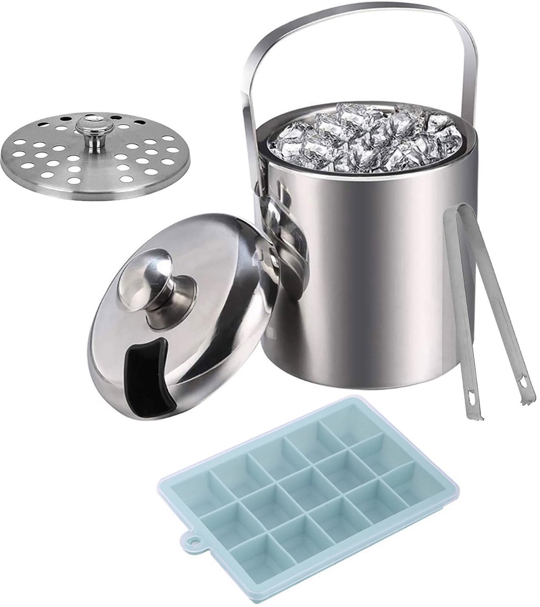 Ijstang en siliconen ijsblokjesvorm, 1,3 l, kleine ijsemmer, roestvrij staal, metaal, ijsblokjeshouder, ijskoeler, ijsemmer voor huisbar, voor koelen, bier