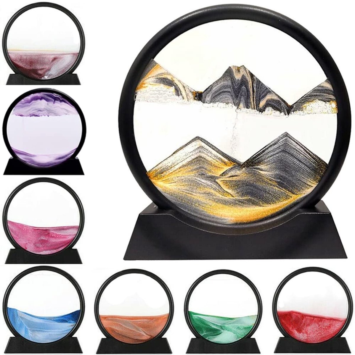 Zand Schilderij - Bewegend Kunst Foto 3D Rond Glas Diepzee Landschap in Beweging Display Flödande Sandmålning (7 Inch, Zwart)