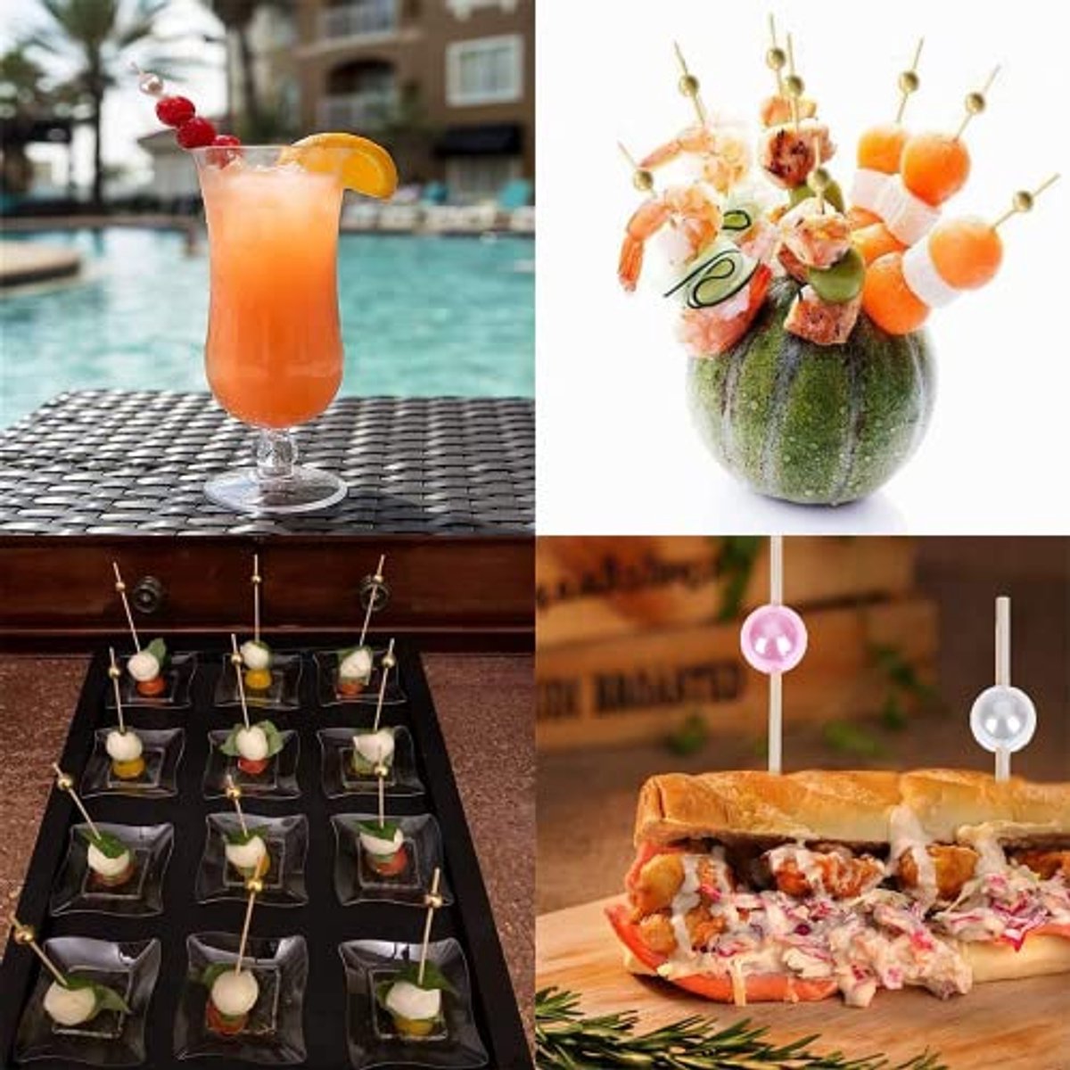 Cocktailspiesen, 300 stuks, 12 cm, cocktailplekken, bamboe-plekken, food-sticks, vingerfood, cocktailsticks met acrylparels, feestaccessoires voor drankjes, bar, carnaval, party, verjaarda