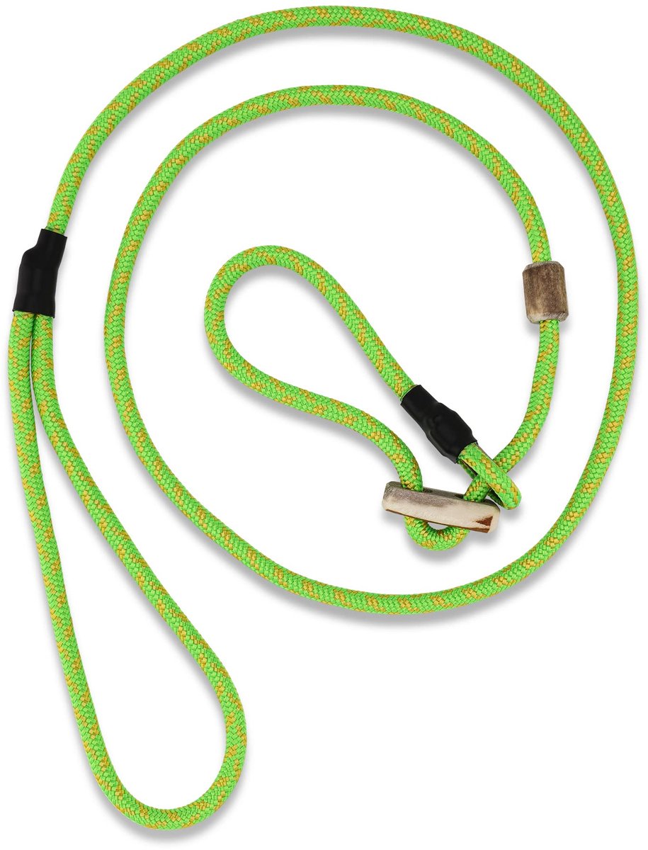 Hondenlijn, 6 mm, handgemaakte retrieverlijn en behendigheidslijn met hertshoorn-trekstop, hondenriem en halsband in één, Made in Germany, signaalgroen, 130 cm