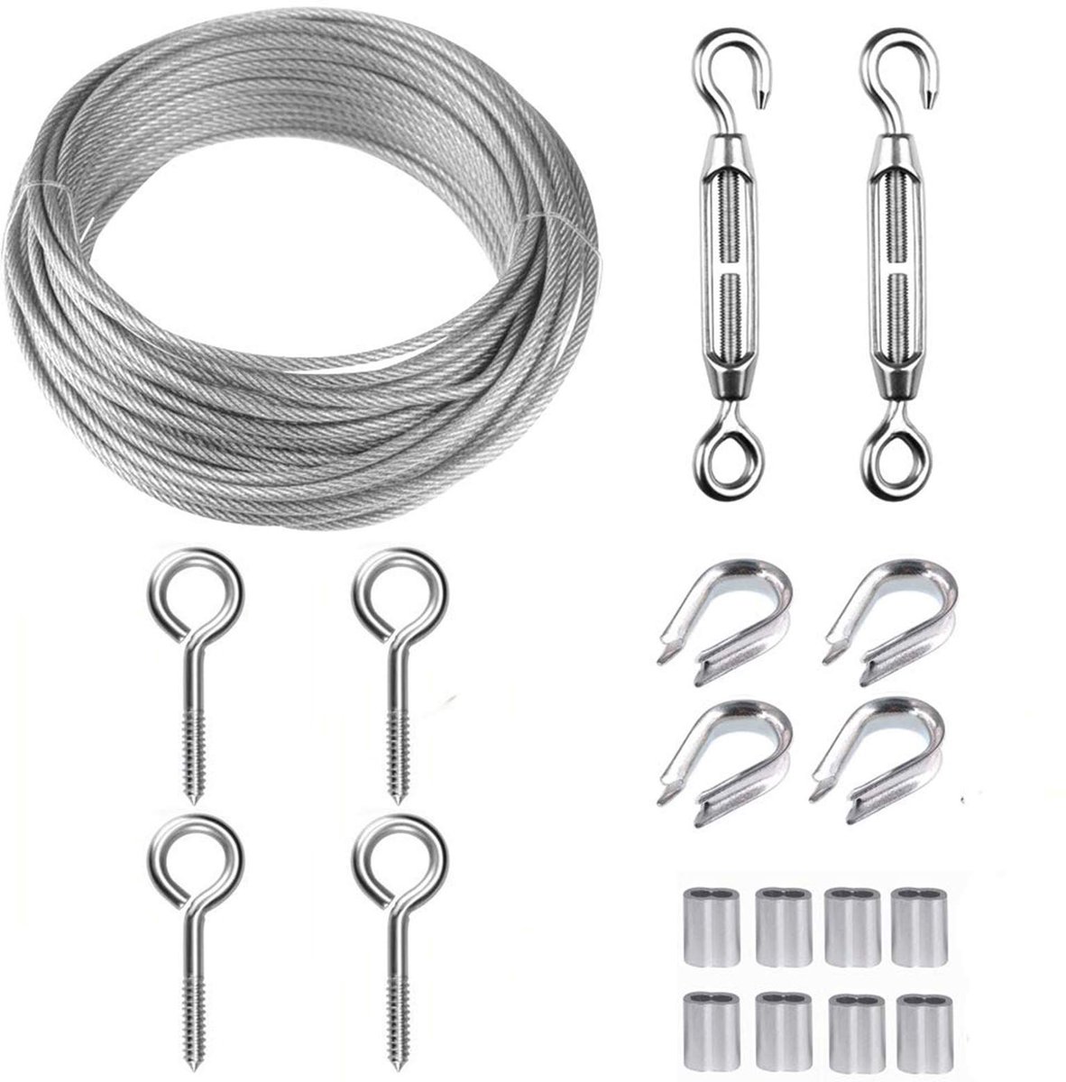 Tuindraad, 15 m/2 mm draadkabel, 2 mm roestvrij stalen kabeldraad PVC gecoat, 1/16 Spandraad met M5 spanschroef draadspanner kit voor het ophangen van foto's, Catenary Wire Kit, licht hangend