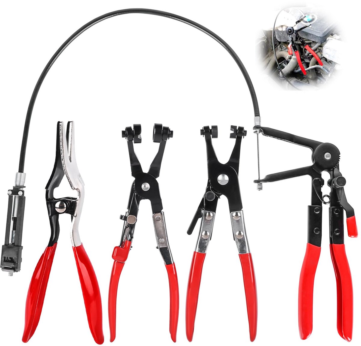 4-delige Slangklem Tangen Set, Rechte & Gebogen Hals Veerband Klem Tang, Slangklem Tang met Ratelvergrendeling - Slang Klemmen Gereedschap Set voor Auto Reparatie