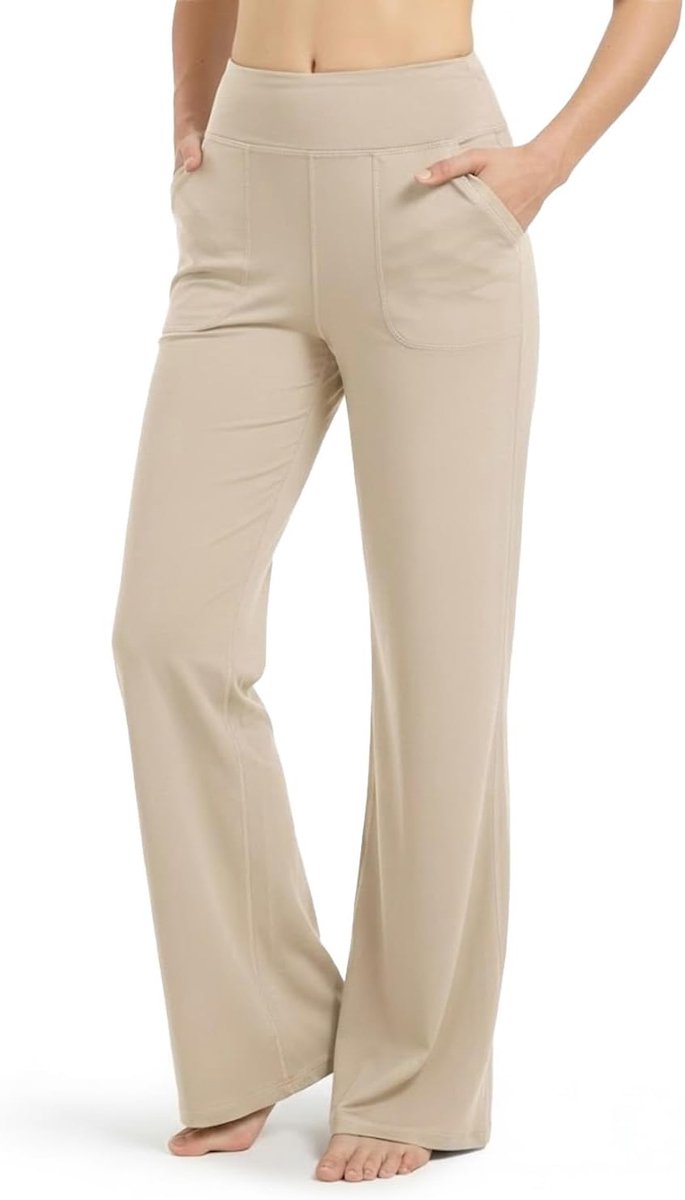 Lange vrouwen uitlopende legging, extra lange uitlopende yogabroek, hoge dames wijde pijpen leggings met zak boot cut workout