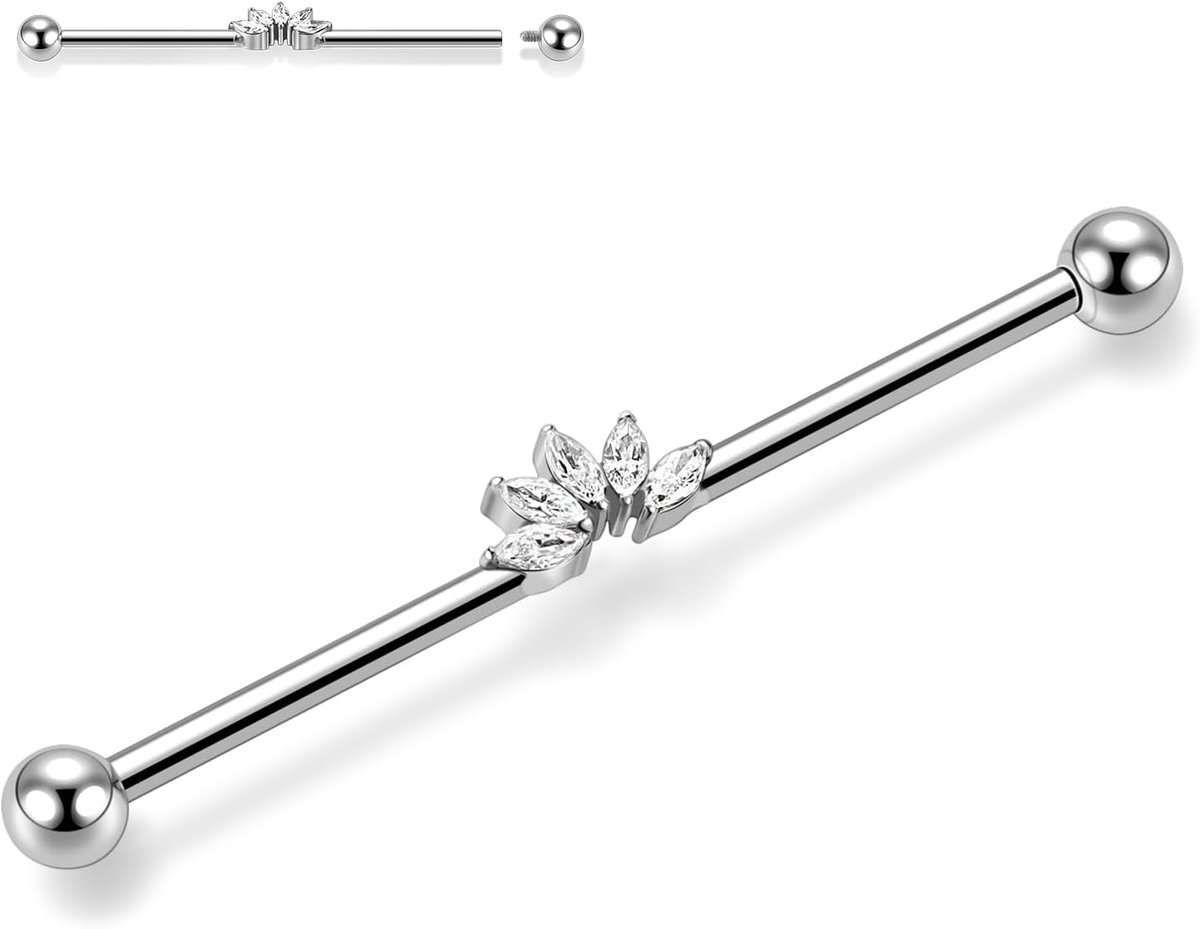 hengkaixuan Industriële barbell 14G chirurgisch staal industriële barbell 38 mm lange industriële barbell met verharde zirkoniastenen voor dames en heren