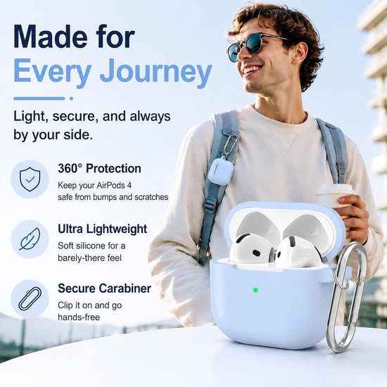 compatibel met AirPods 4 generatie hoesje 2024, zachte siliconen van militaire kwaliteit, schokabsorptie, compatibel met AirPods 4-hoesje met sleutelhanger en reinigingsset,Hemelsblauw van compatibel — afbeelding 2