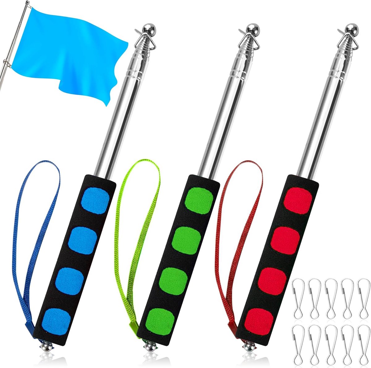 vlaggenstang, 3 stuks, 1 m, roestvrij staal, telescopische vlaggenmast met 10 clips, draagbare handheld vlaggenstang voor reizen, camping, leraren, reisgids