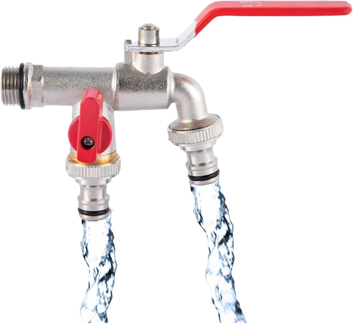 Tuinkranen Waterkraan, 1/2 Inch Inlaat en Twee 3/4 Inch Uitlaat Slang Splitter, Roest en Vorstbestendige Buitenkraan Splitter voor Tuin, Wasmachine, Regenton