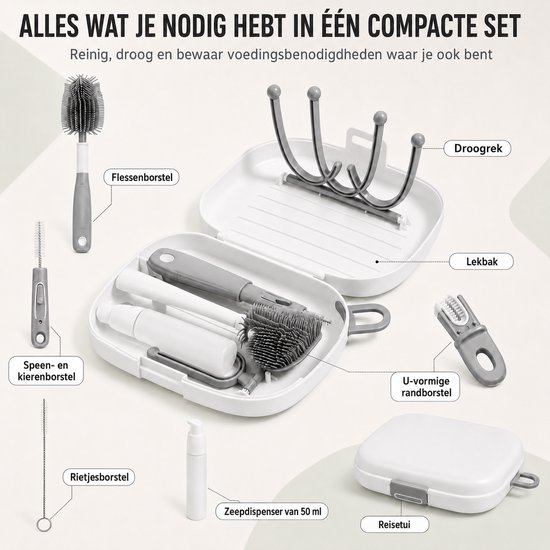 8-in-1 Babyfles Reinigingsset - Flessen Droogrek Baby - Flessen Borstel Reis Set - Flessenreiniger - Siliconen Flessenborstel met Zeepdispenser en Opbergbox — afbeelding 4