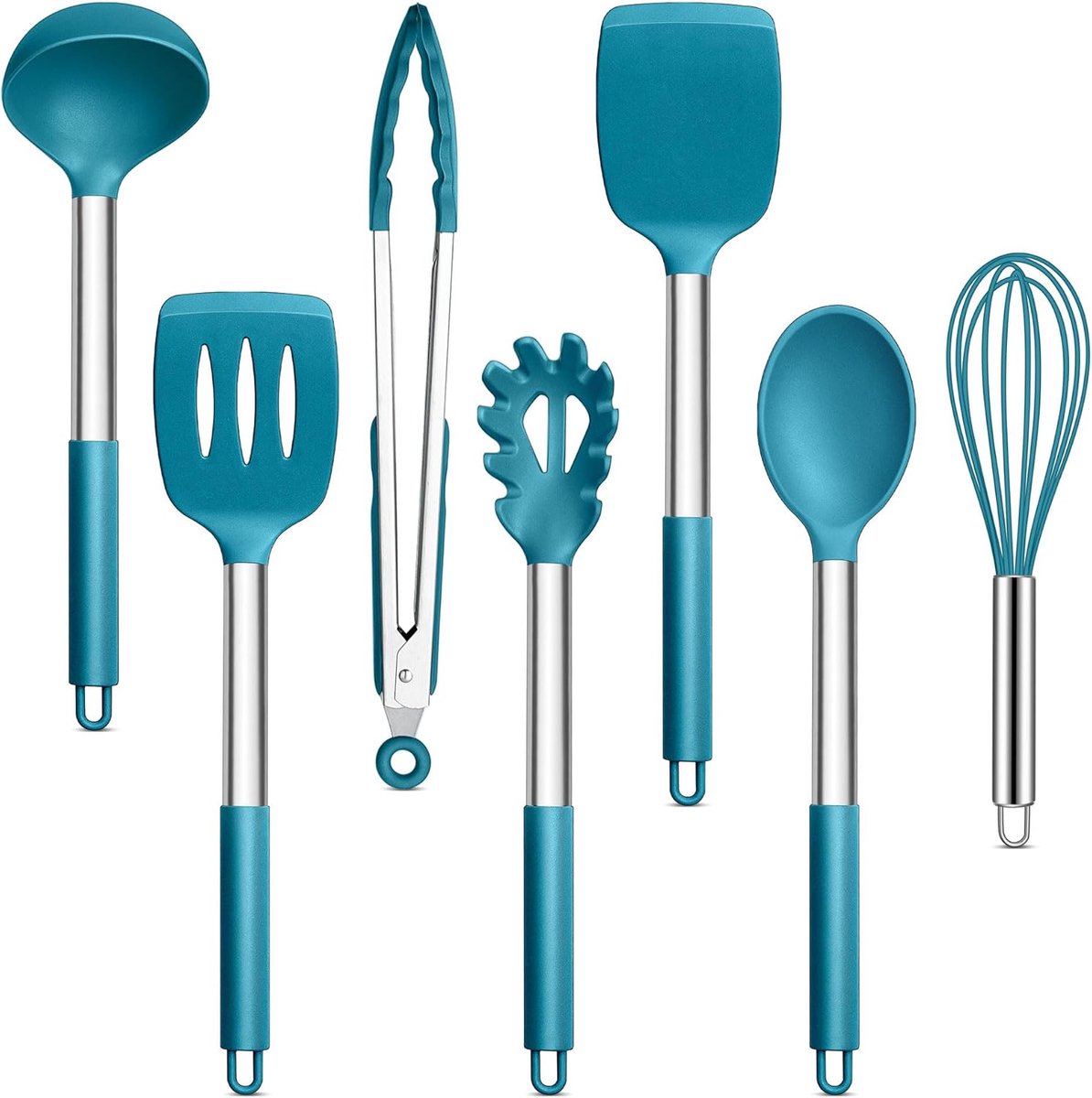 Keukenhulp-set, set van 7 stuks kookgerei, Blauwe antiaanbaklaag, hittebestendige pannenwender, kookgerei voor koken/bakken/flippen, gemakkelijk schoon te maken en vaatwasserbestendig