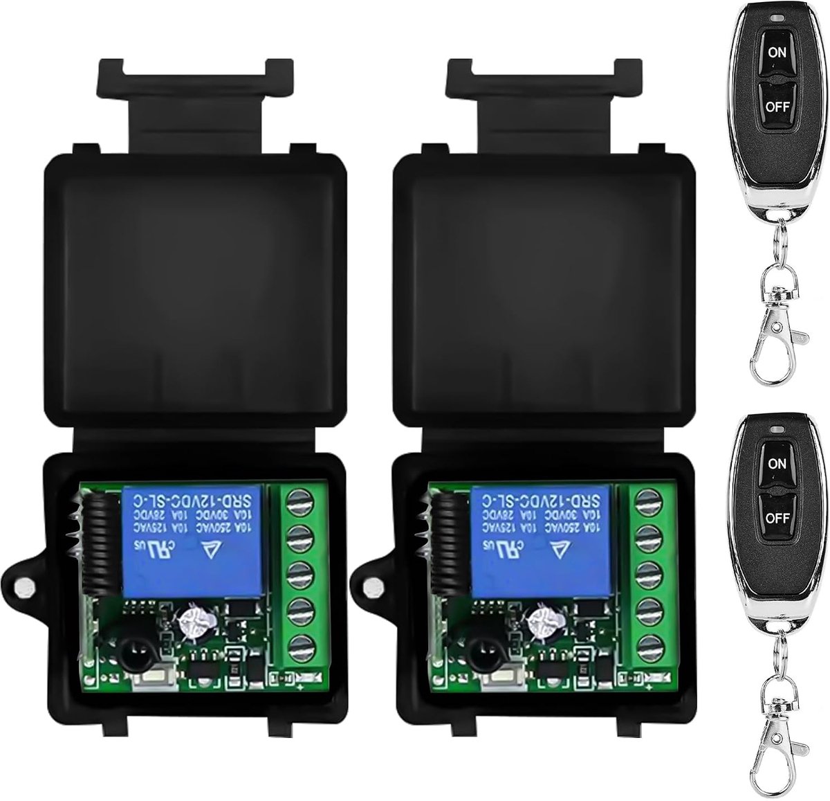 Set van 2 draadloze afstandsbedieningsschakelaars, 5 V 12 V 24 V 30 V draadloze schakelaar met 2 afstandsbedieningen, kanaal radiografische besturingsrelaisontvanger, afstandsbediening garagedeur
