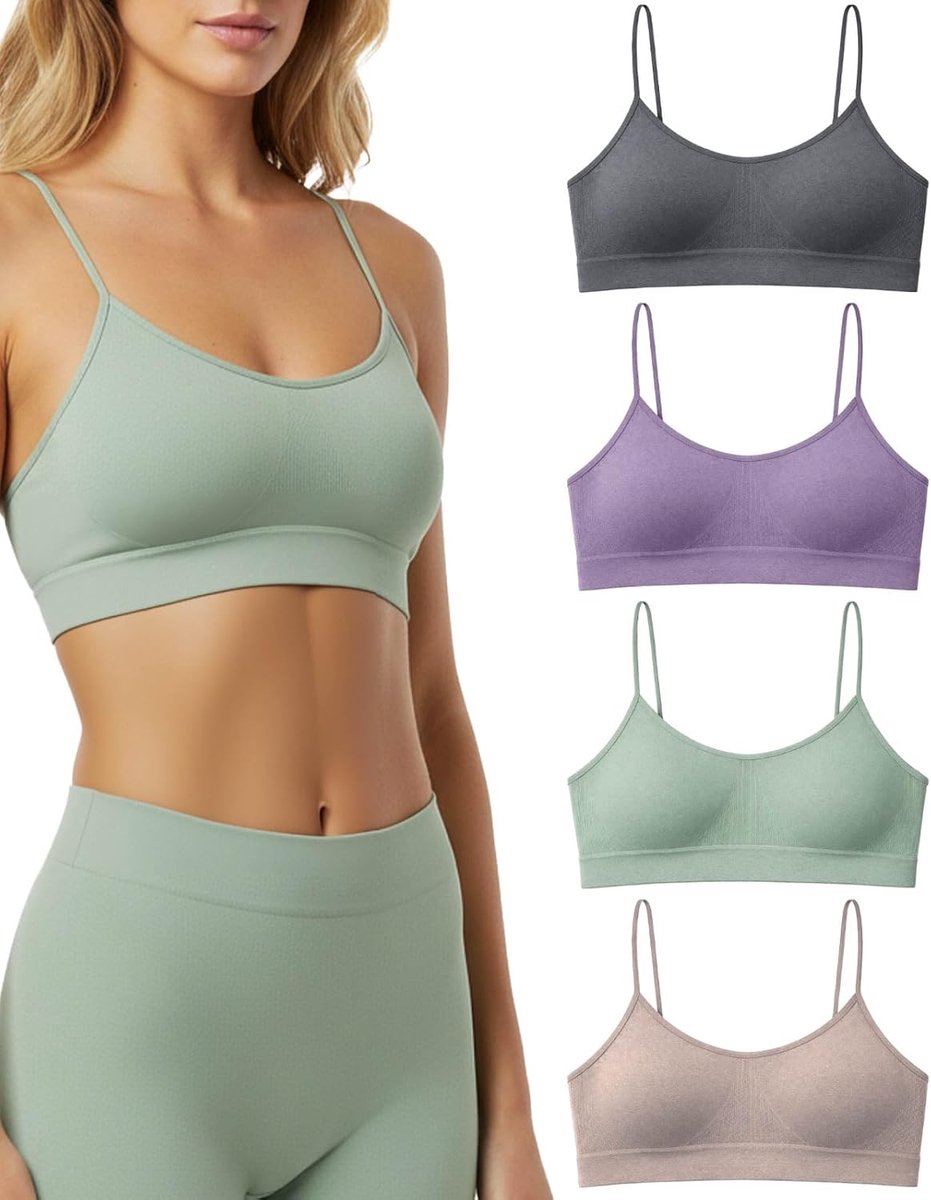 BH zonder beugel, smalle schouders, ecologisch vriendelijk, 4 stuks - Brassiere damesbeha van zachte microvezel Yees Green, naadloze beha, duurzaam en ademend ondergoed - Made in Italy
