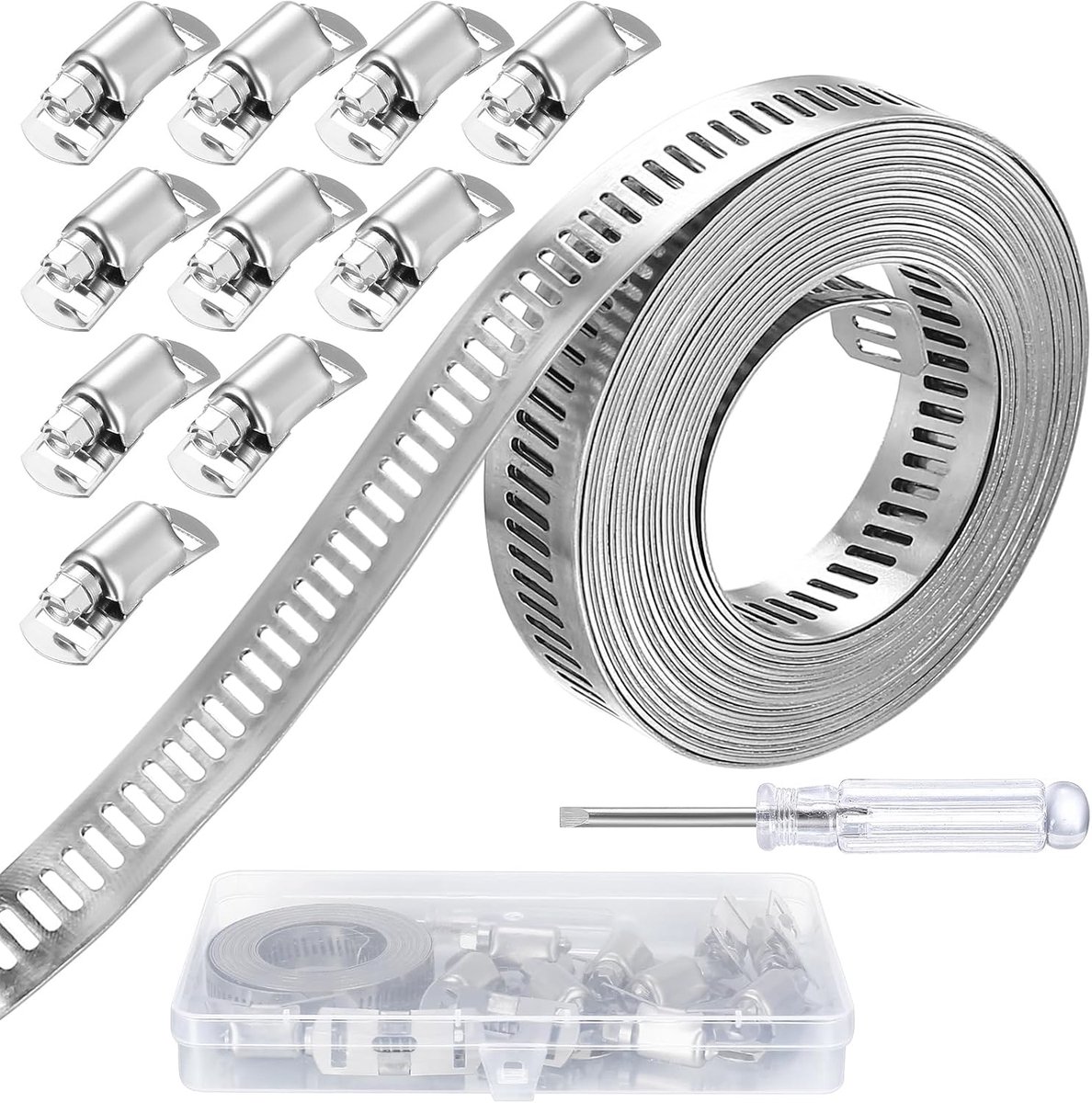 RVS Slangklemmen, 3,5 m Eindeloze Slangklemmenset, Metalen Slangband DIY Kit, Slangklem voor Buizen, Inclusief 10 Bevestigingsklemmen