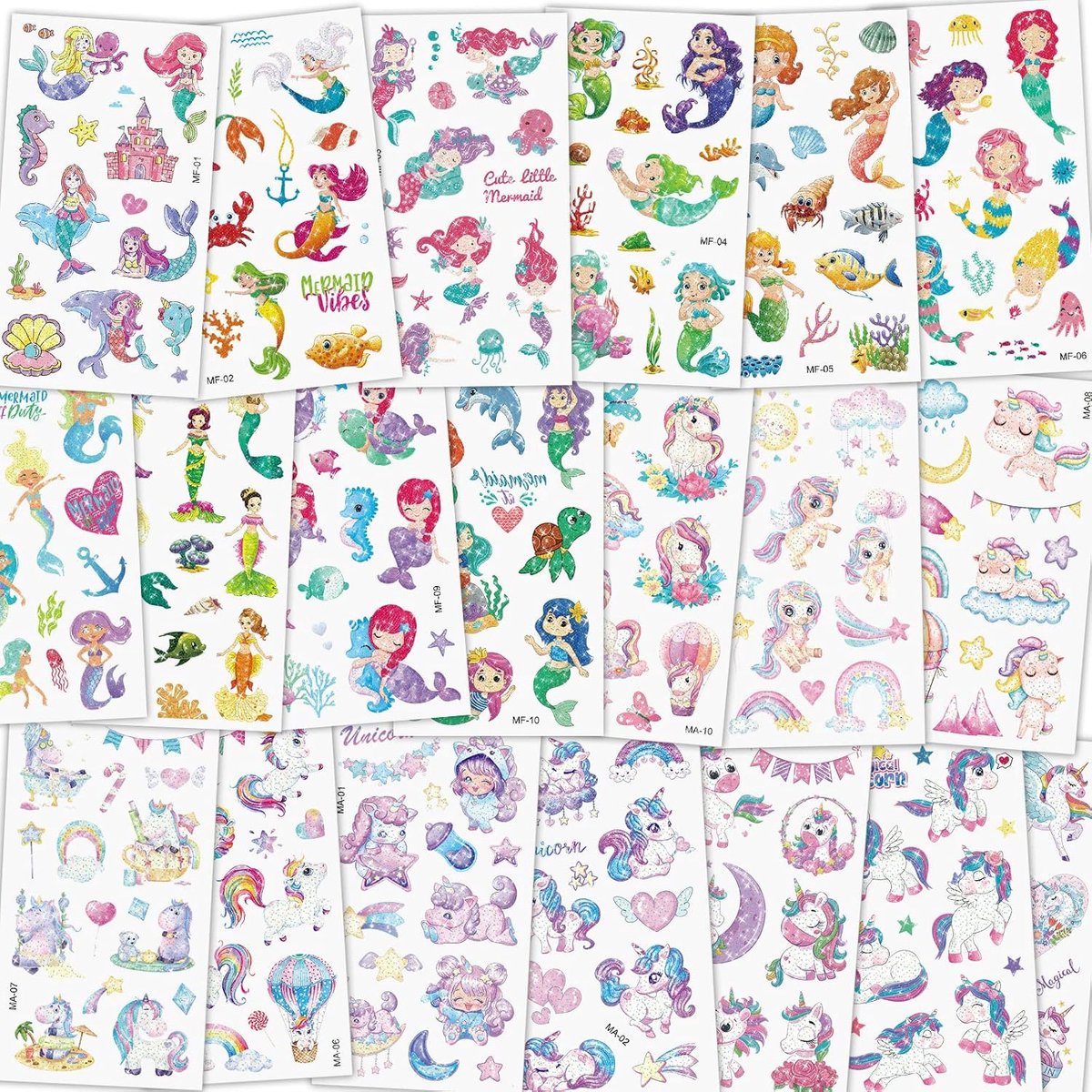 Tijdelijke Tatoeages voor Kinderen, 20 Stuks Glittertatoeages van Zeemeermin en Eenhoorn, Waterdichte, Verwijderbare Cartoontatoeages, Stickers voor Verjaardagen, Cadeaus, Feestartikelen