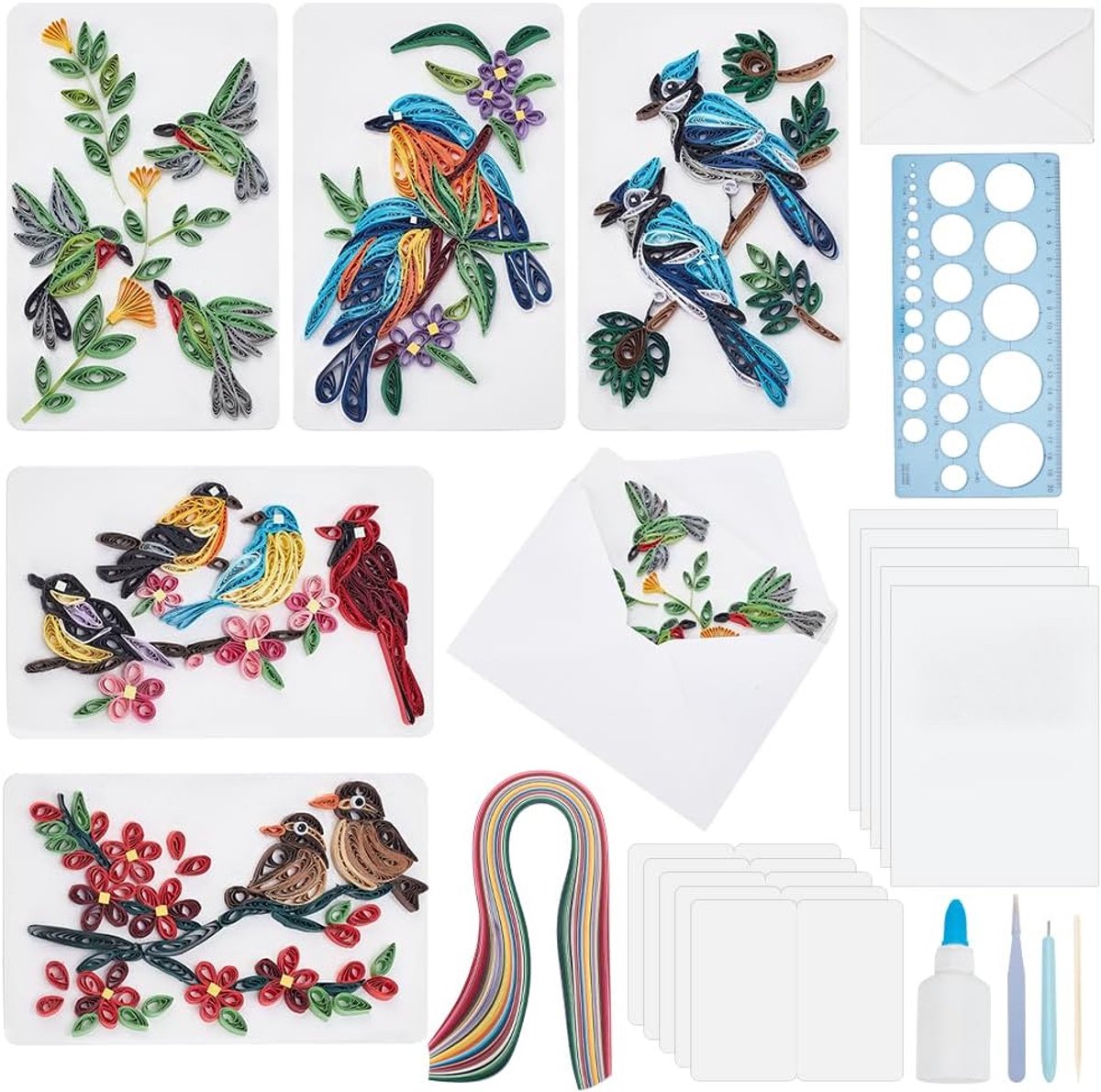 Quillingset op papier voor volwassenen, beginners, doe-het-zelf, met 2 vogelstijlen, quillling card, set, dieren, greeting card making-kit met handleiding voor Halloween, Kerstmis, feestjes
