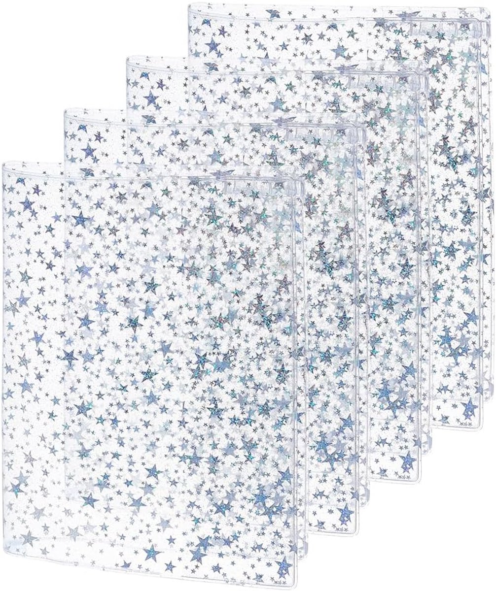 4 stuks transparante A5 Jelly cover voor planners en notitieboeken, pvc, glitter, sterren, planner, doorzichtige omslag, boekbescherming, hoes voor dagboek, zakboek, liefhebbers, reizen, werk