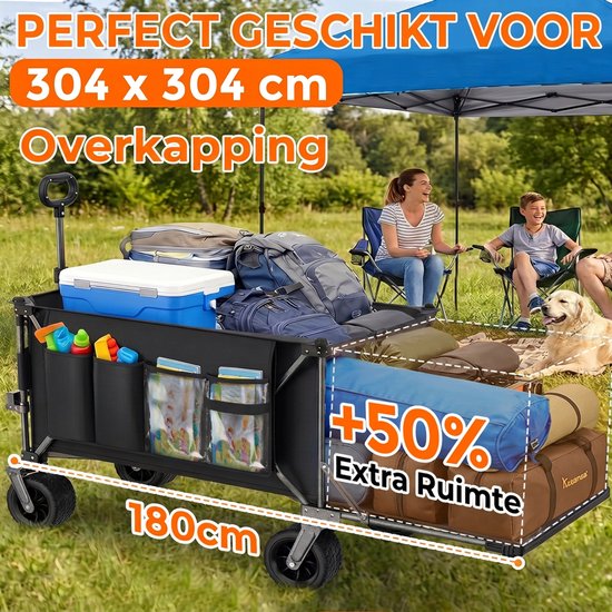 Opvouwbare Bolderkar - 300L+120L Strandkar - Tuinkar - Transportwagen - Achterklep - Brede Wielen - Snel Inklapbaar - Robuust Frame - Camping - 180cm - Vervoeren - Zwart van Opvouwbare Bolderkar — afbeelding 2