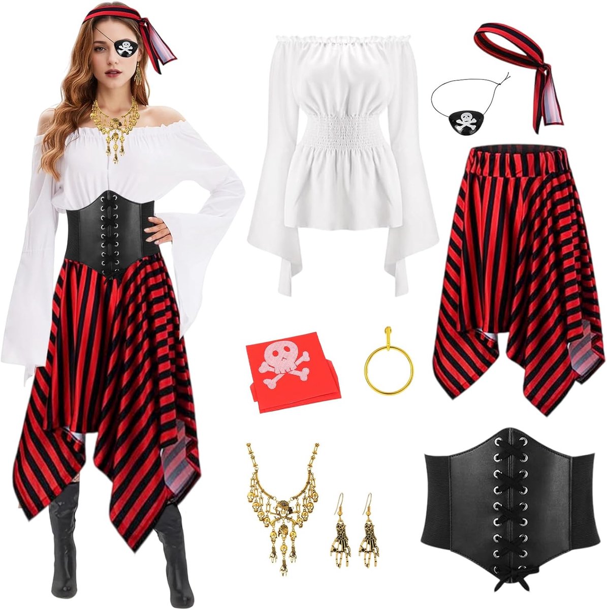 Piratenkostuum damesjurk, piratenkostuum, middeleeuws kostuum voor dames, met feesthalsdoek, accessoires, carnavalskostuums voor Halloween, carnaval