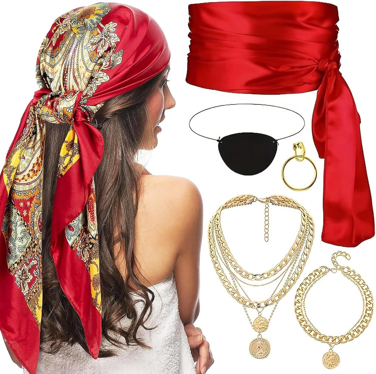 Set van 6 piratenkostuums voor dames - Met piratendoek, rode heup, ooglapje, oorbellen, halsketting, piratenarmbanden, voor Halloweenfeesten, mascarades