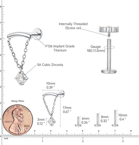 limerencia 18G Tragus Piercing, Medische Titanium Lippiercing Met 6 mm 8 mm 10 mm Staafjes, Hypoallergene Helix Piercing Oor, Labret Stud Voor Navel Tong Wenkbrauw Lip Septum Neus (Ketting A 1 stuk) — afbeelding 4