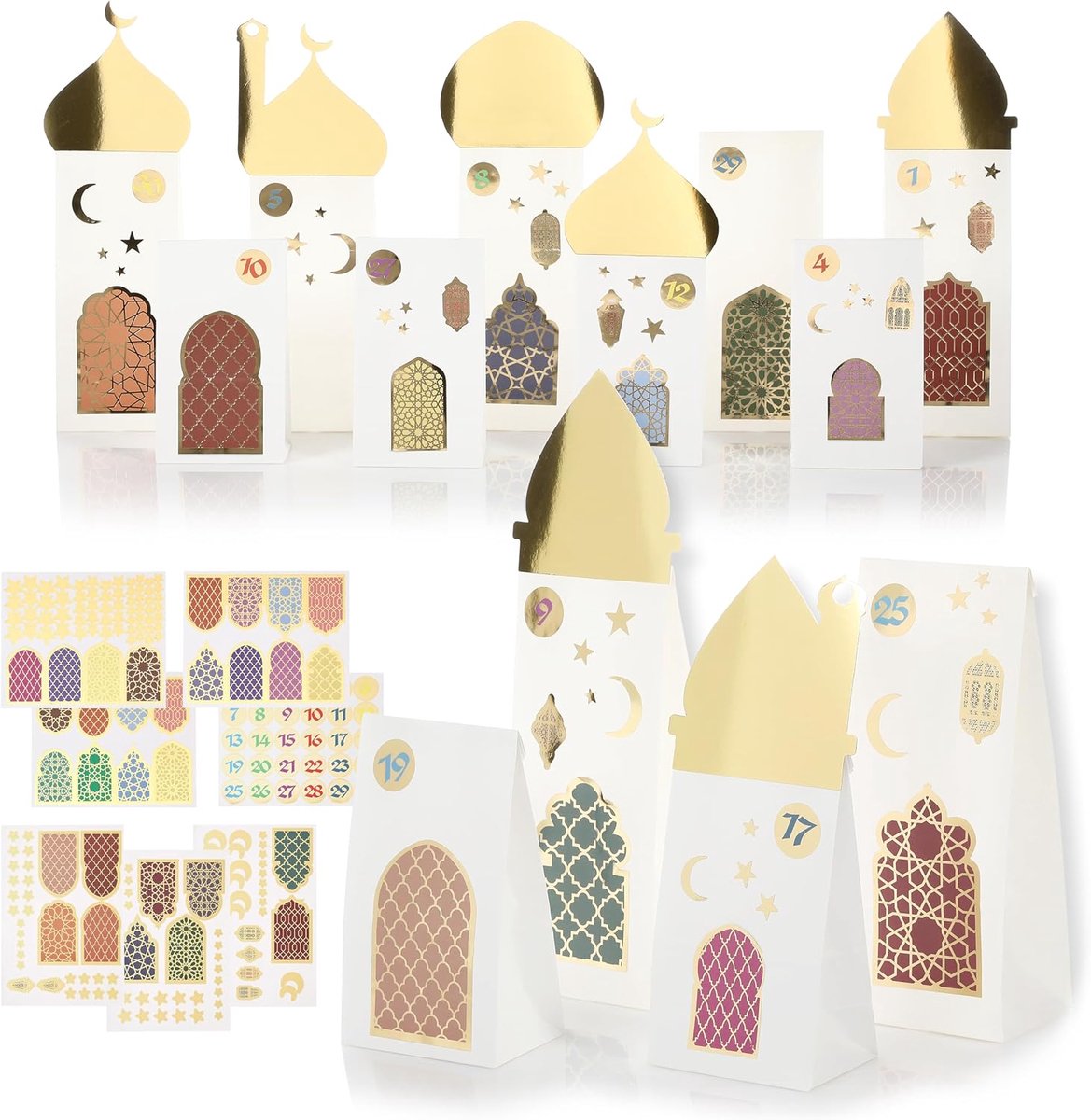 Ramadan-kalender om te vullen, 30 geschenkzakjes met stickers en daken om neer te zetten en te decoreren, Eid Mubarak doe-het-zelf knutselset voor kinderen en volwassenen, Meerkleurig
