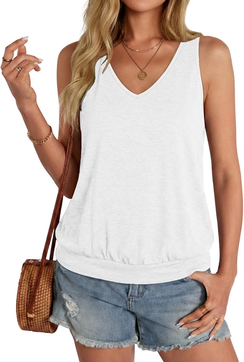 Top voor dames, zomer, mouwloos, tanktop, V-hals, stretch, losse basic tops