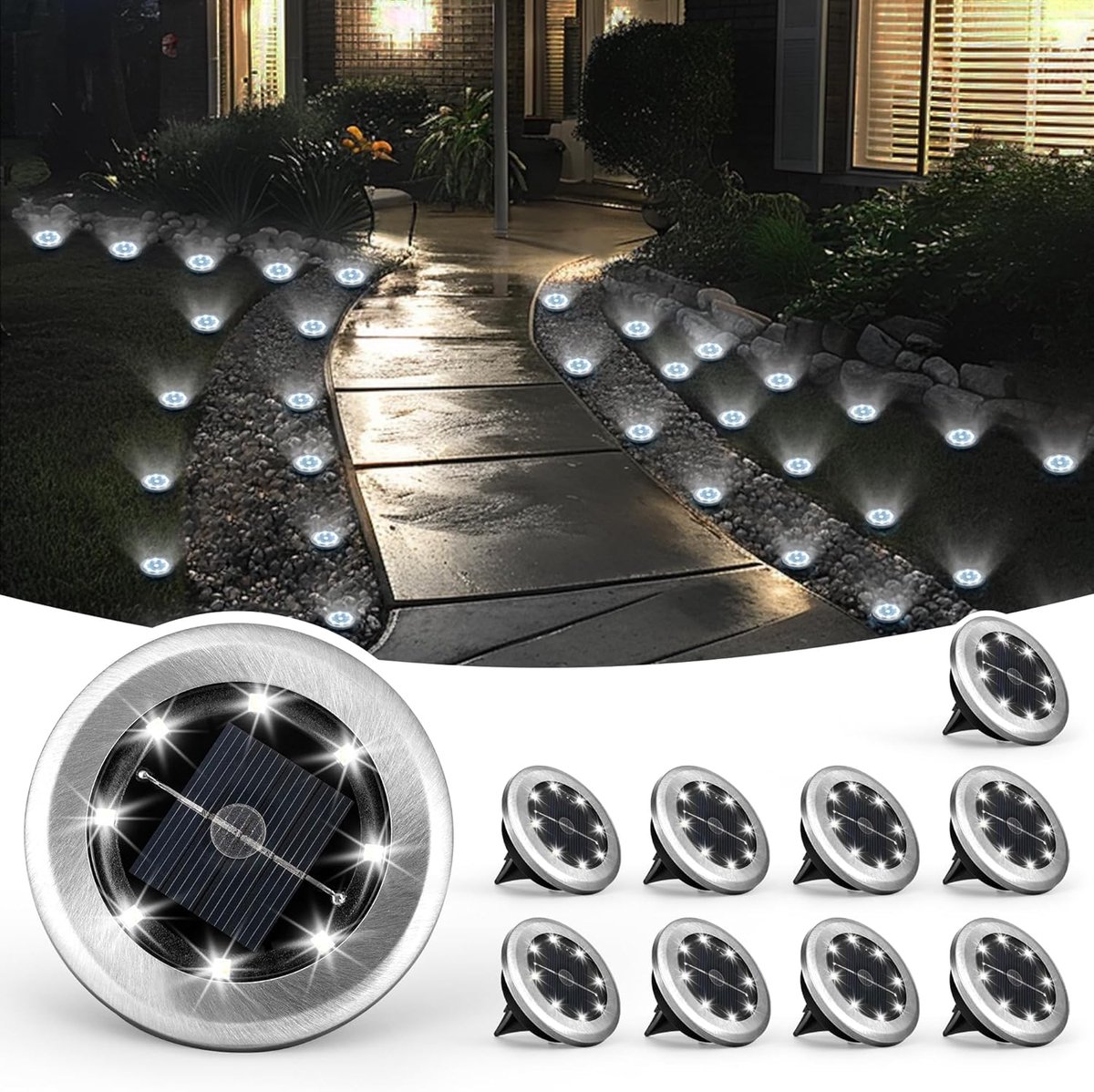 Mini solar grondlampjes (10 stuks) - Waterdichte buitenverlichting Geschikt voor looppaden, solar tuinverlichting, tuinverlichting Geschikt voor binnenplaatsen, opritten en paden (koel wit).
