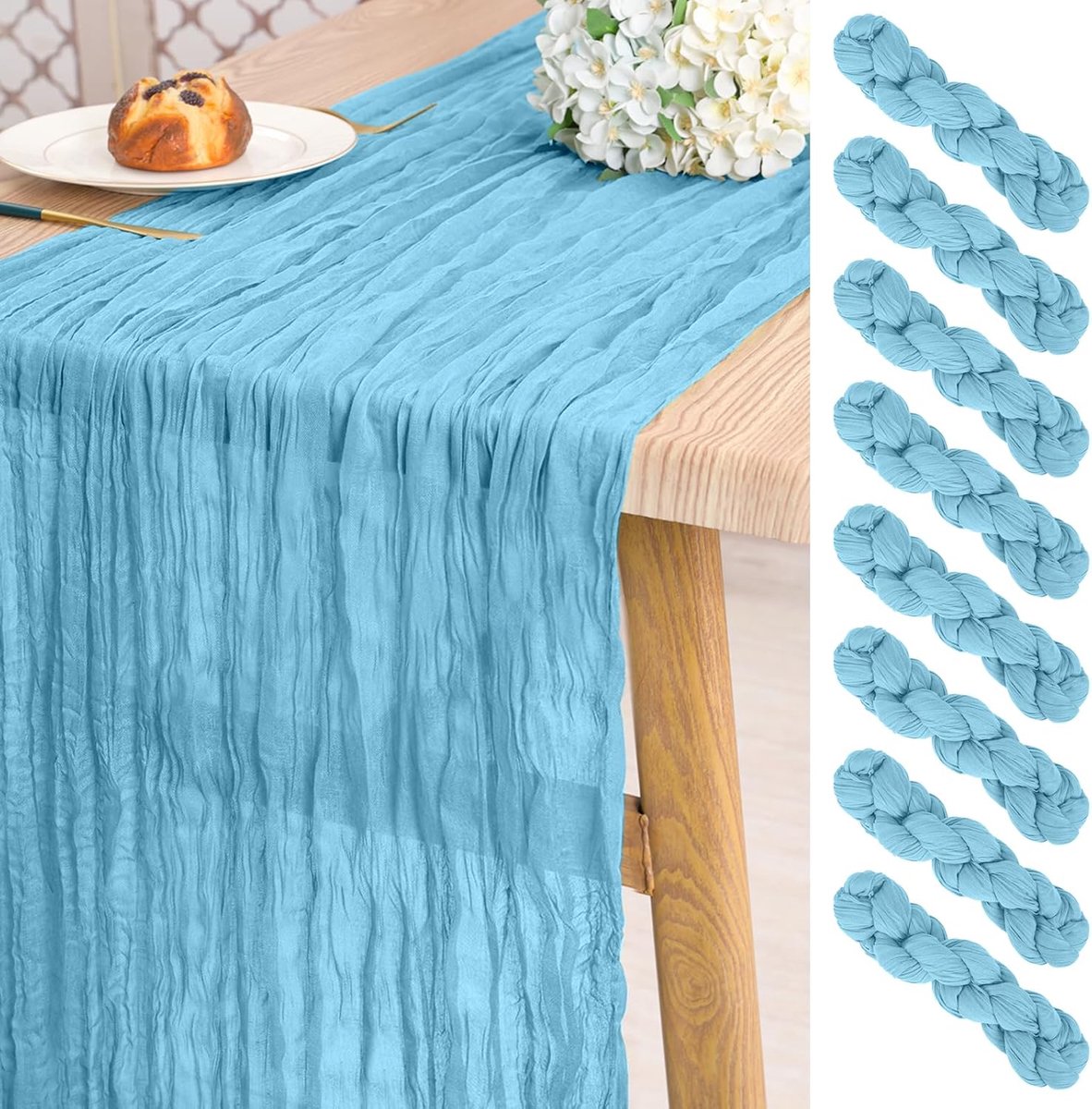 8 stuks kaasdoek tafelloper 3 m lang lichtblauw rustiek gaas boho bruiloft tafellopers 50 x 300 cm voor bruiloft, bruidsdouche, feest, banket decoratie