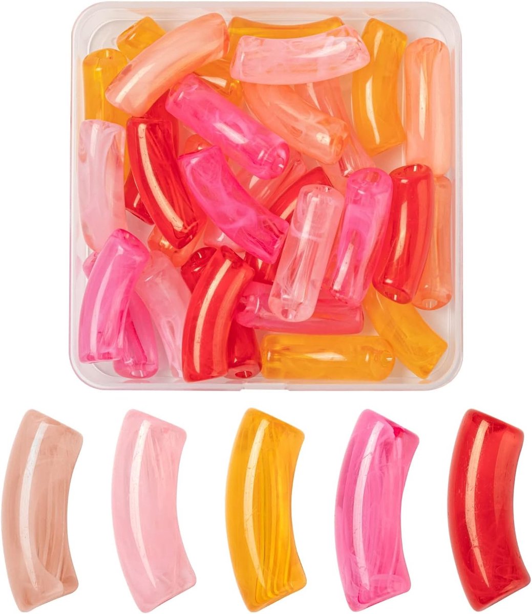 30 stuks imitatie edelsteen en acryl gebogen buiskralen, 5 kleuren lange gebogen buis noedels connector kralen voor doe-het-zelf armband sieraden maken