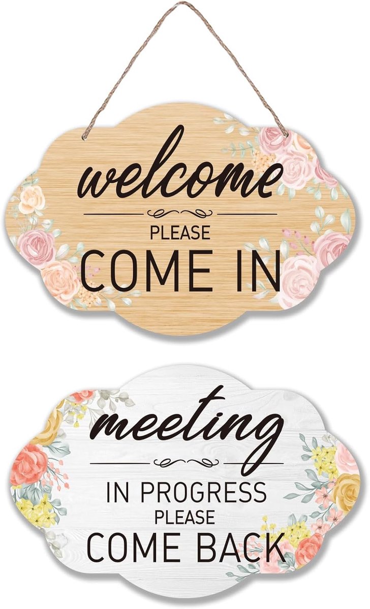 1 STKS Welkom en Vergadering Houten Borden Kantoor Muur Decoratieve Dubbelzijdige Plaque Decor Vergadering In uitvoering Wandgemonteerde Opknoping Bloem Houten Borden Wall Art Decor voor