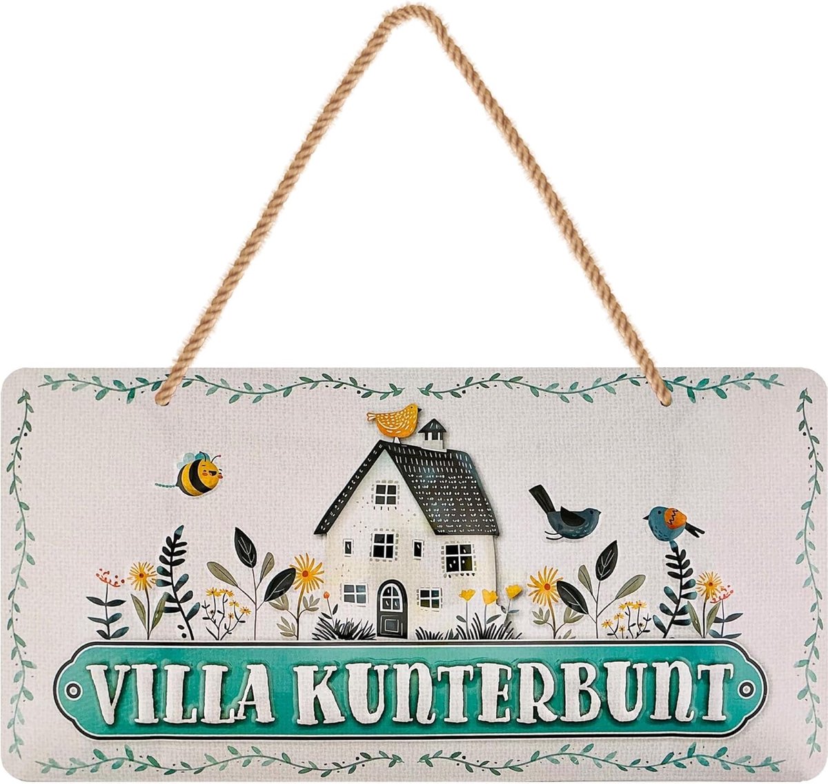 Retro metalen bord Villa Kunterbunt, Zweden decoratie, circus decoratie, balkons schild, housewarming geschenk woning, metalen borden met spreuken incl. jute koord 16 x 32 cm