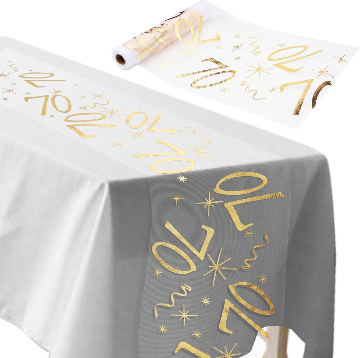Birthday-tafelloper, 28 cm x 10 m, 70e verjaardag, tafelkleed, gouden tafeldecoraties voor mannen en vrouwen, jubileumvieringen, banketten, feesten