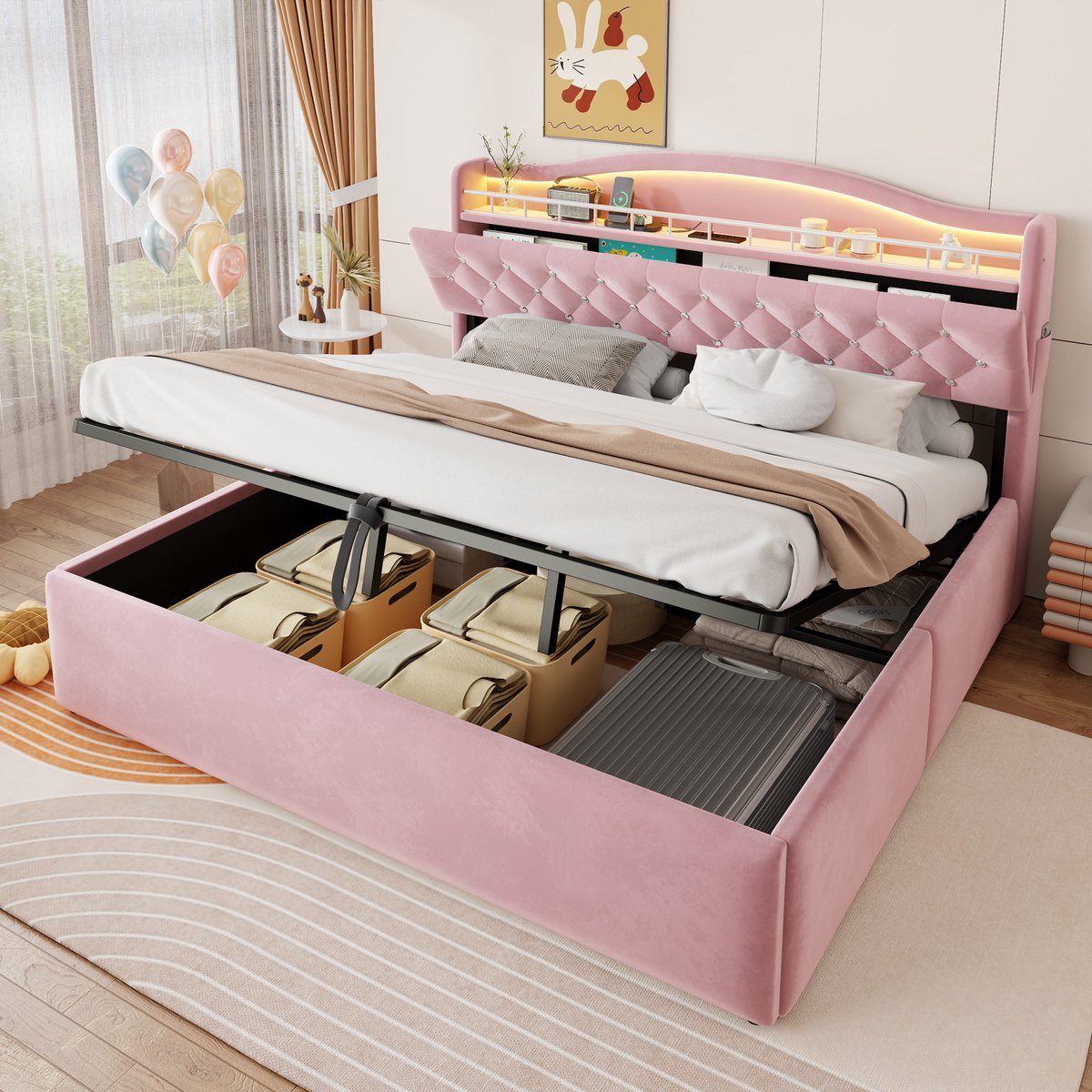 Tweepersoonsbed 180x200 cm - Gestoffeerd bed - Opbergbed - Multifunctioneel bed - Met LED-verlichting en USB-interface - Flueel - Roze