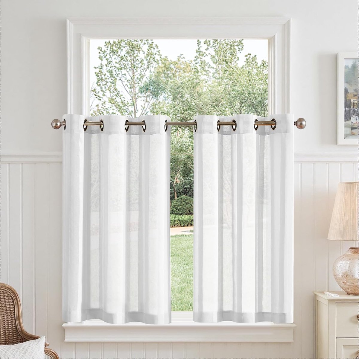 Sheer Vitrage met ingestanste ringen, transparant, bistrogadine, landelijke strepen, voile, keukengordijn, gestreept, keukengordijnen, per paar voor badkamer, klein raamdecoratie, 90 x 90 cm (b