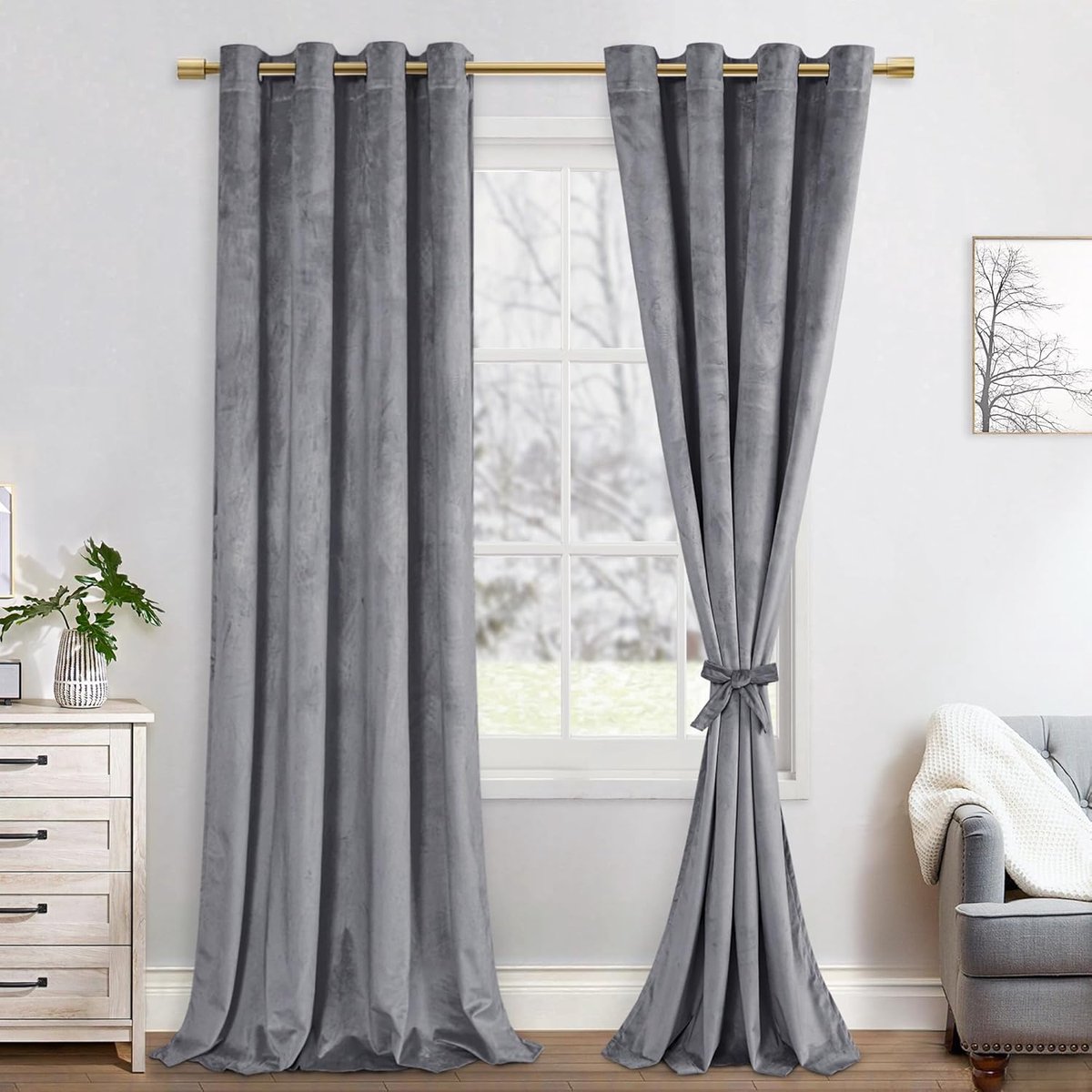 Verduisteringsgordijn van fluweel, zachte ondoorzichtige gordijnen met oogjes voor de slaapkamer, 140 x 260 cm (breedte x hoogte), grijs