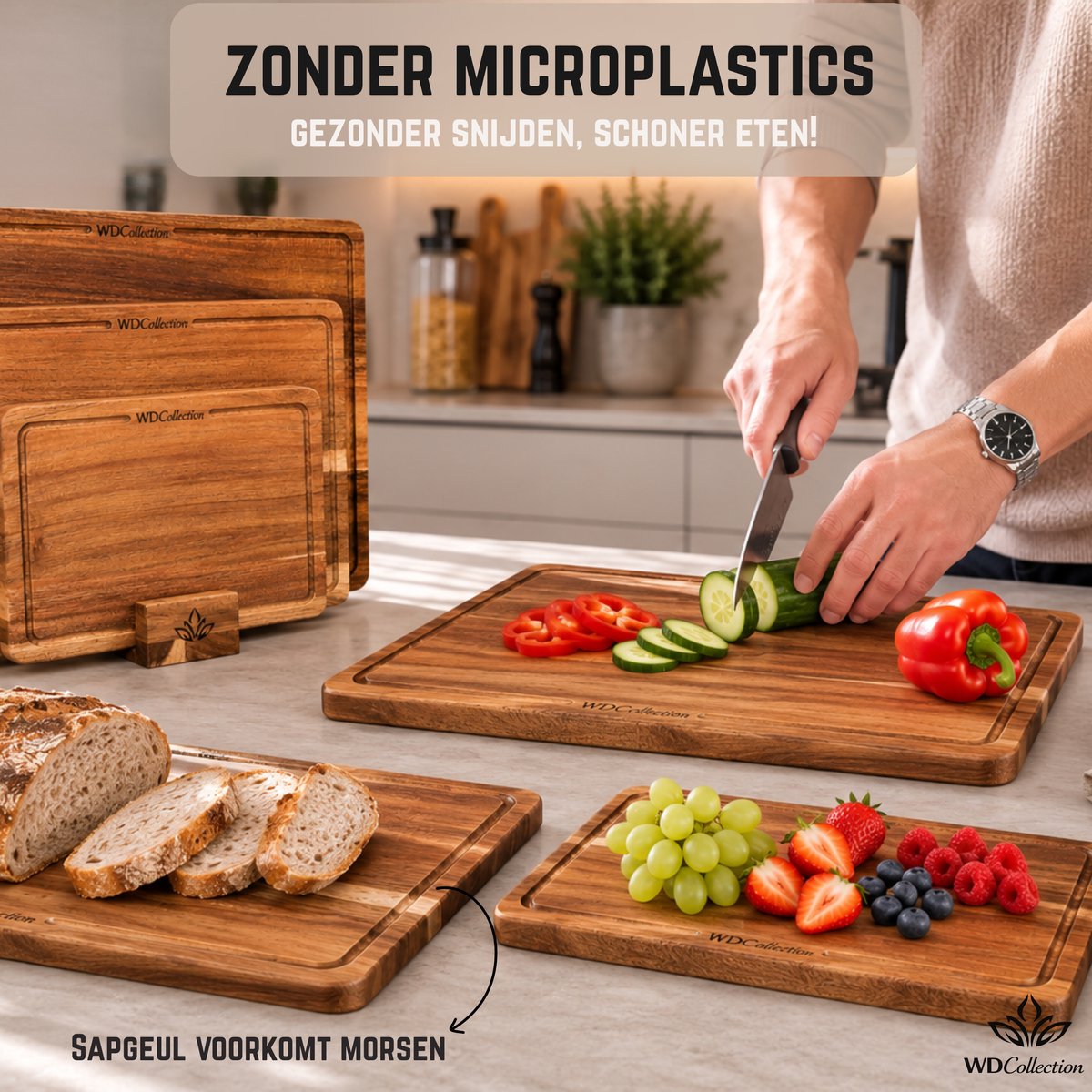 WDCollection® Snijplankenset 3-delig – Acaciahout – Dubbelzijdig – Met Sapgeul – Inclusief Houten Houder – Borrelplanken - Tapasplank - Houten Snijplank - (40x30 | 33x24 | 26x18 cm) — cadeau in Kookcadeaus - foto 3