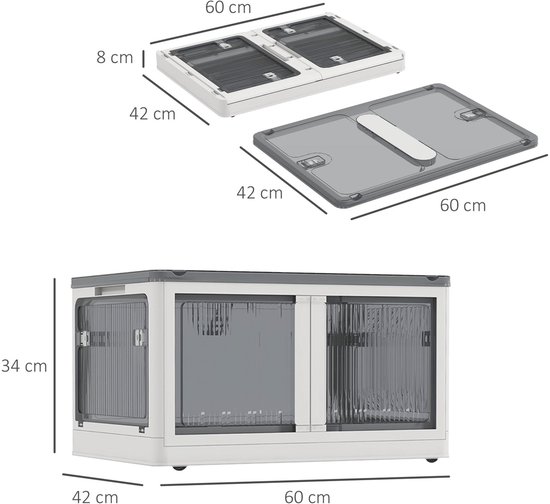 MEUNIQ opvouwbare opbergbox 69 L met wielen, stapelbare opbergkist met 5-zijdige toegang, transparante opening en deksel, 60 x 42 x 34 cm, wit — afbeelding 2